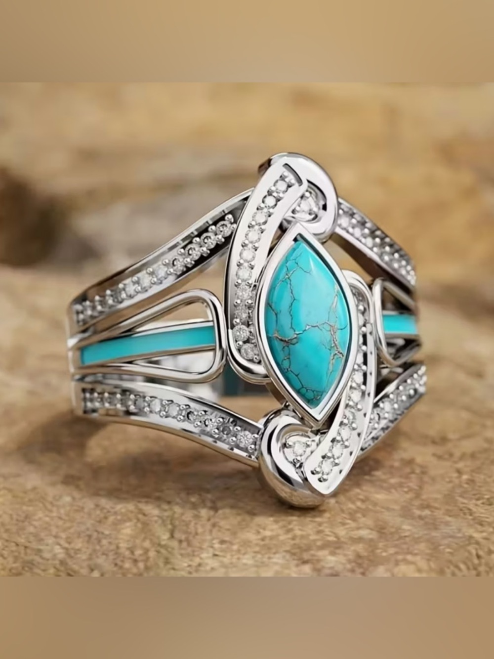 Bohemian Style Inlaid Synthetic Turquoise Ring. - Picture 4 of 5